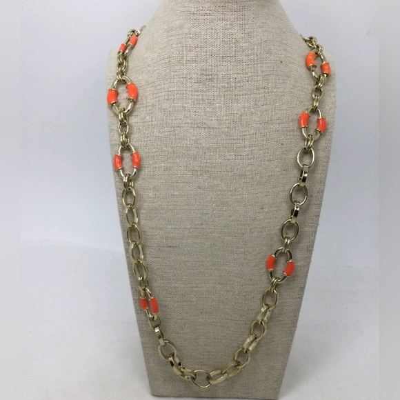 Banana Republic Orange Enamel Long Chain Link Necklace 30" EUC - Picture 1 of 5
